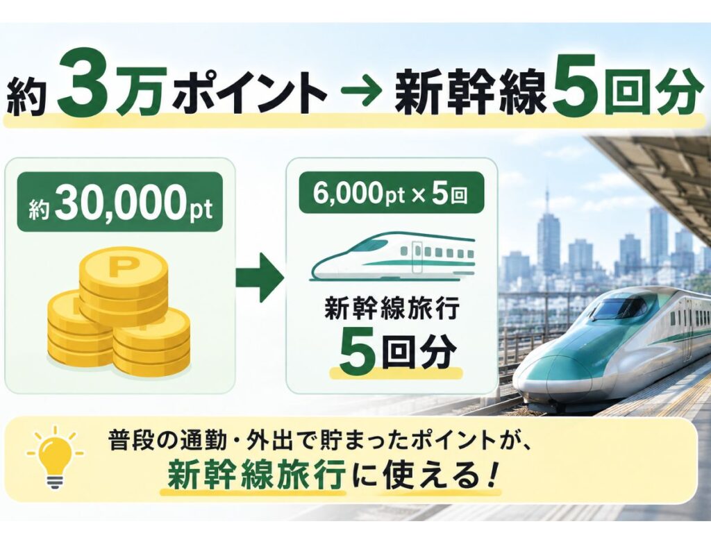 約3万ポイントでどこかにビューーン！なら新幹線旅行約5回分になるイメージ
