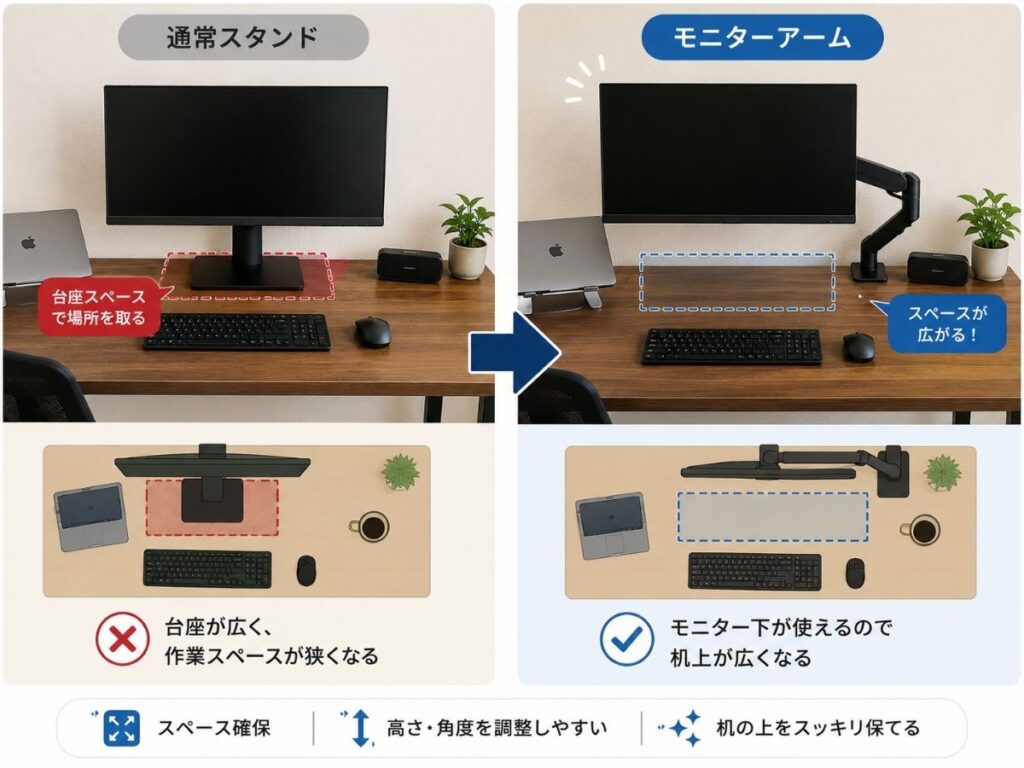 通常スタンドとモニターアーム使用時のデスクスペース比較