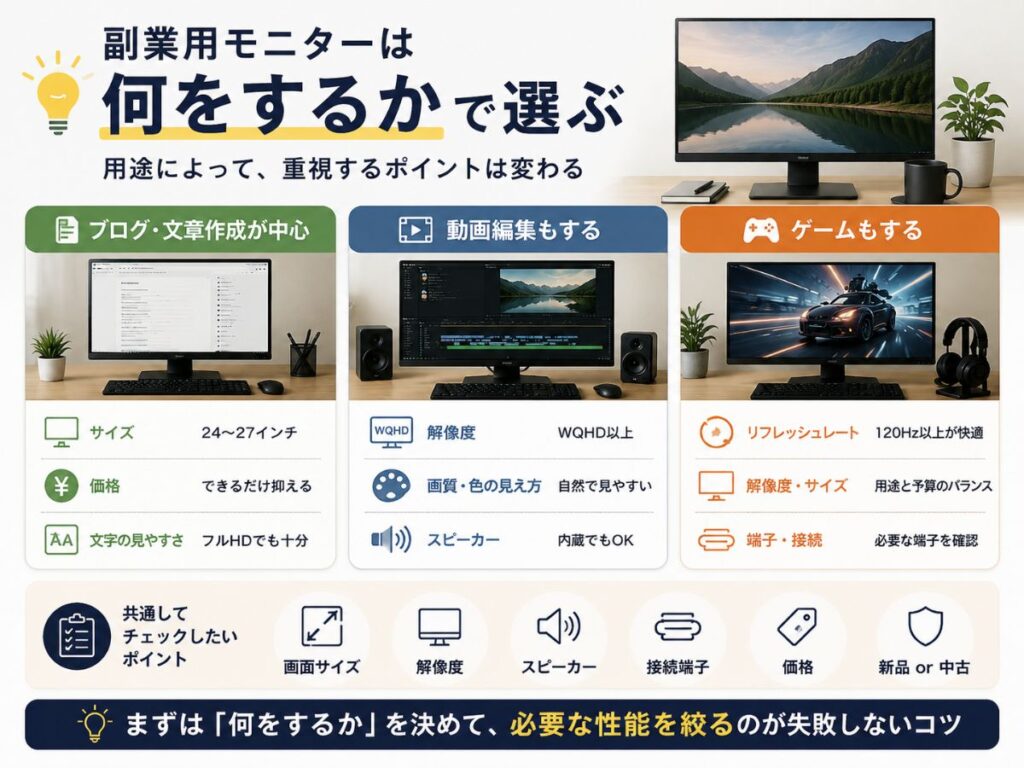 ブログ・動画編集・ゲームなど副業や用途別にモニターで重視するサイズ・解像度・スピーカー・リフレッシュレートを比較
