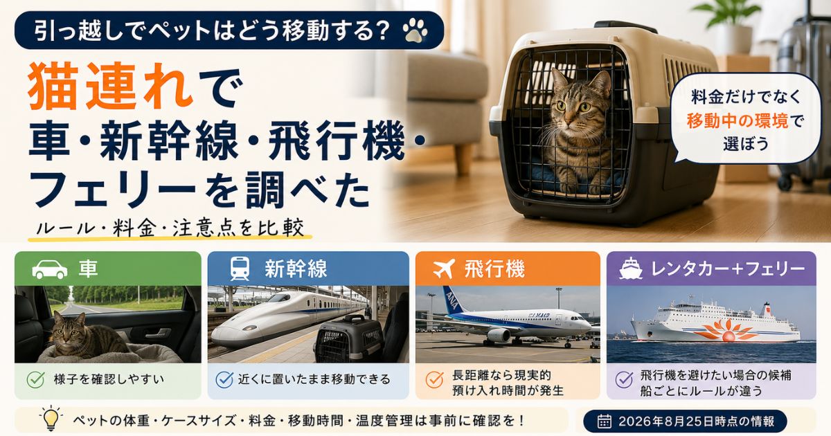 猫連れの引っ越しで車・新幹線・飛行機・レンタカーとフェリーの移動方法を比較