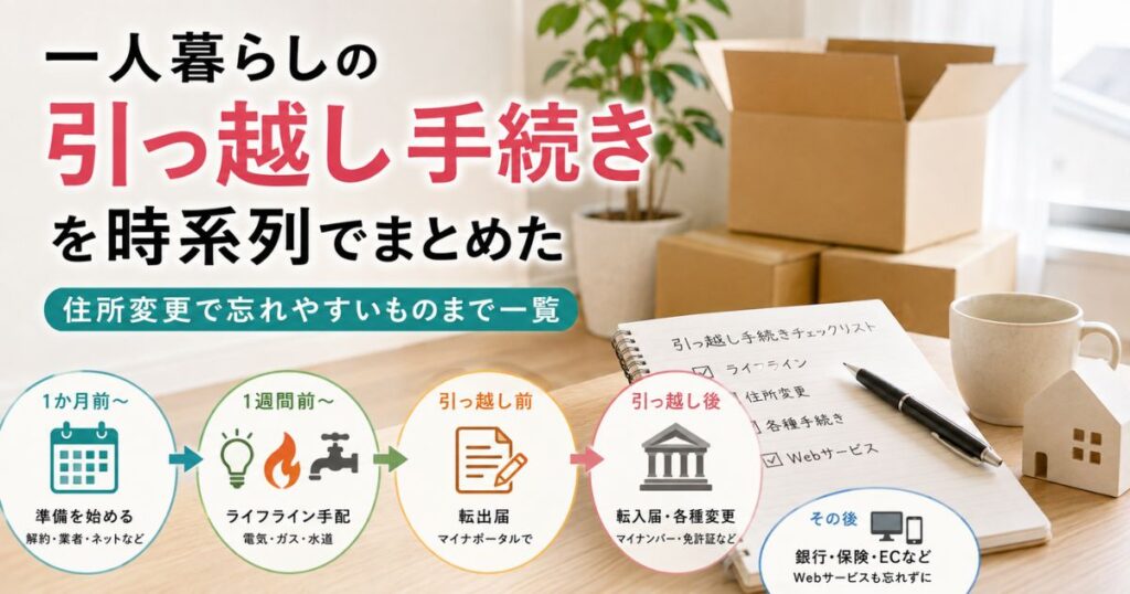 一人暮らしの引っ越し手続きを1か月前から引っ越し後まで時系列でまとめた図