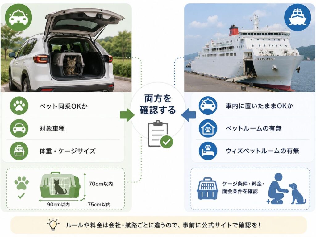 ペット連れでレンタカーとフェリーを利用するときに確認する車種・ケージ・ペットルームなどの条件