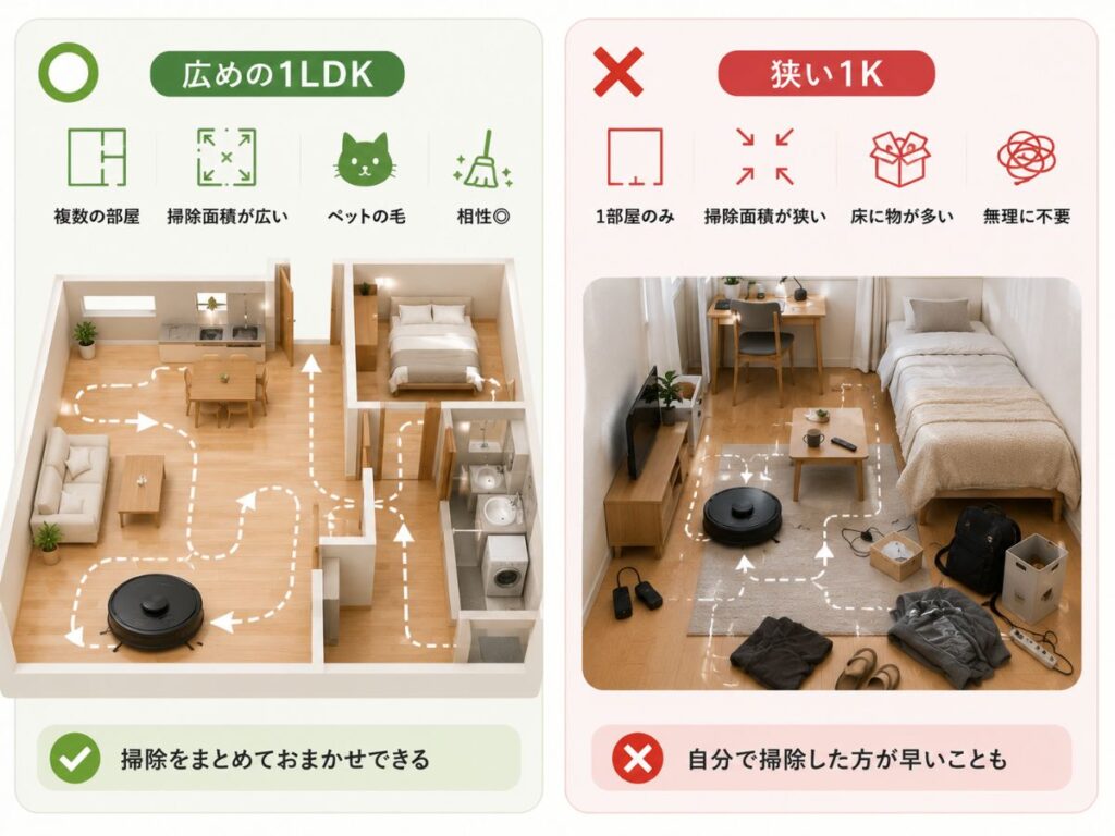 広めの1LDKと狭い1Kでお掃除ロボットの使いやすさを比較
