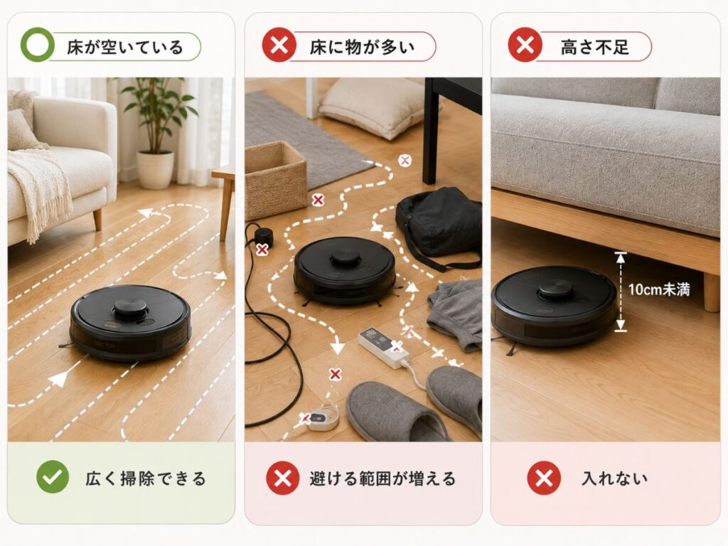 お掃除ロボットが使いやすい床が空いた部屋と物が多い部屋、家具下の高さ制限を比較