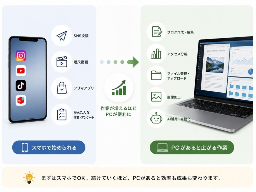 スマホで始めやすい副業とPCがあると広がる作業の比較