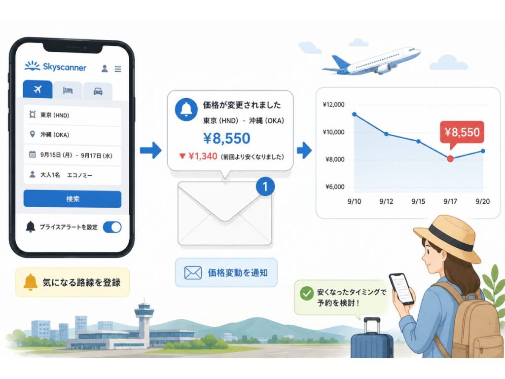 Skyscannerで国内航空券の価格変動を通知するプライスアラートのイメージ