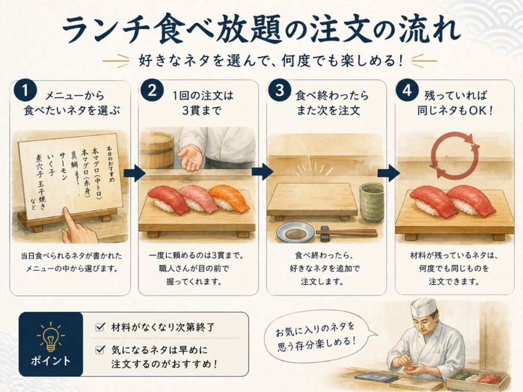 鮨 塩釜港 銀座 極のランチ食べ放題でメニューから3貫ずつ注文し同じネタを繰り返し頼む流れ