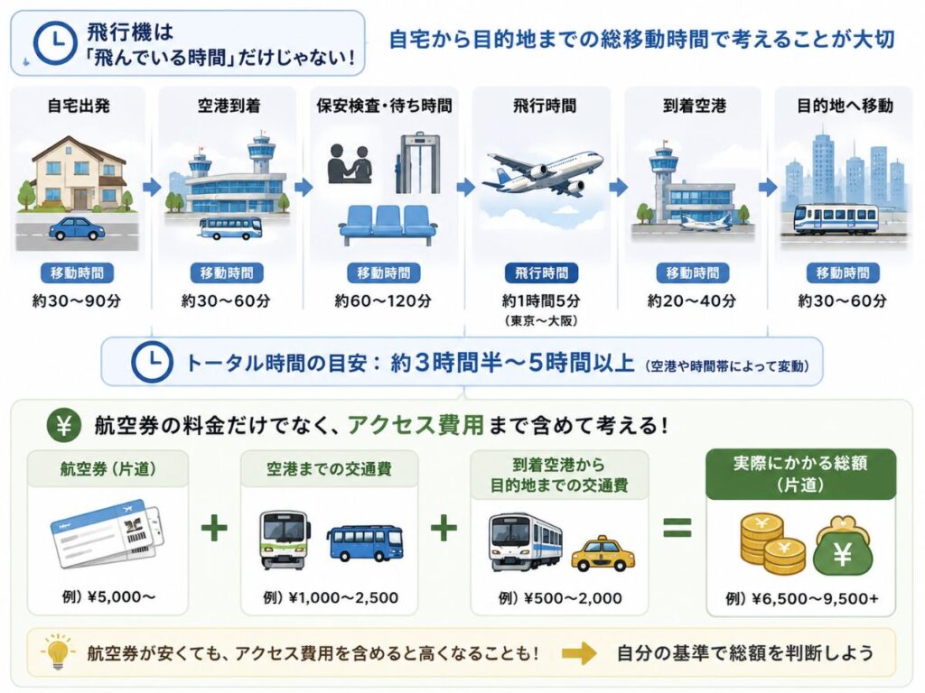 東京大阪を飛行機で移動するときに空港アクセスや待ち時間まで含めた総移動時間と総額を考える図