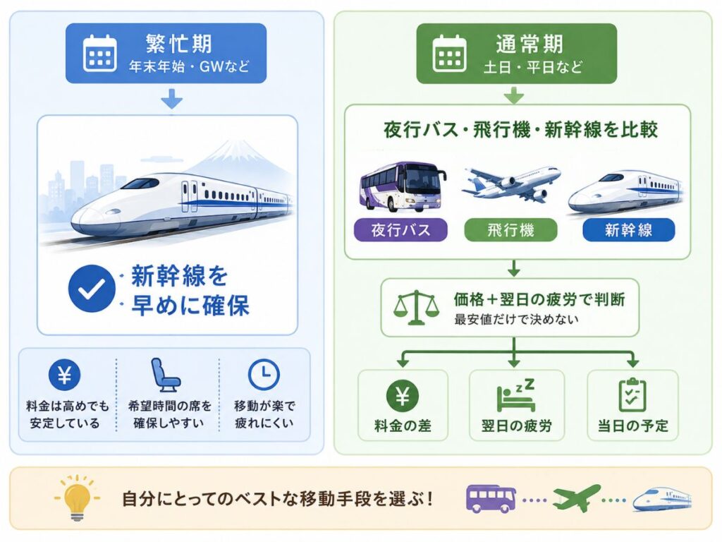 東京大阪の移動を繁忙期は新幹線、通常期は夜行バス・飛行機・新幹線で比較する流れ