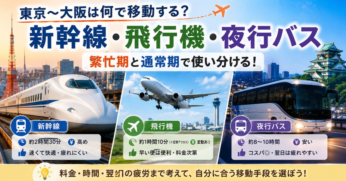 東京大阪の移動で新幹線・飛行機・夜行バスを繁忙期と通常期で比較