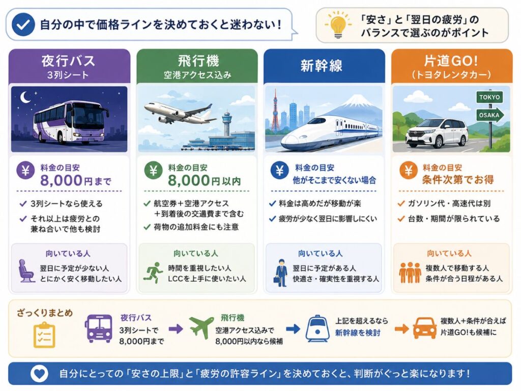 東京大阪の夜行バス・飛行機・新幹線・片道GOを価格と翌日の疲労で比較