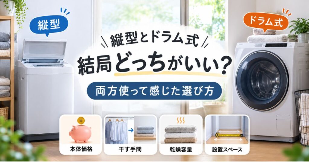縦型洗濯機とドラム式洗濯機の本体価格・干す手間・乾燥容量・設置スペースを比較