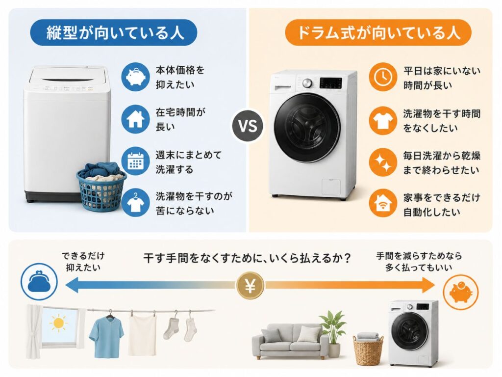 縦型洗濯機とドラム式洗濯機が向いている人を生活スタイル別に比較