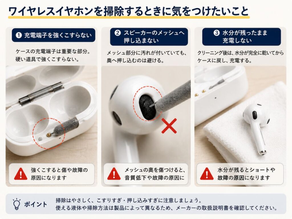 ワイヤレスイヤホンを掃除するときの充電端子やスピーカーメッシュ、水分に関する注意点