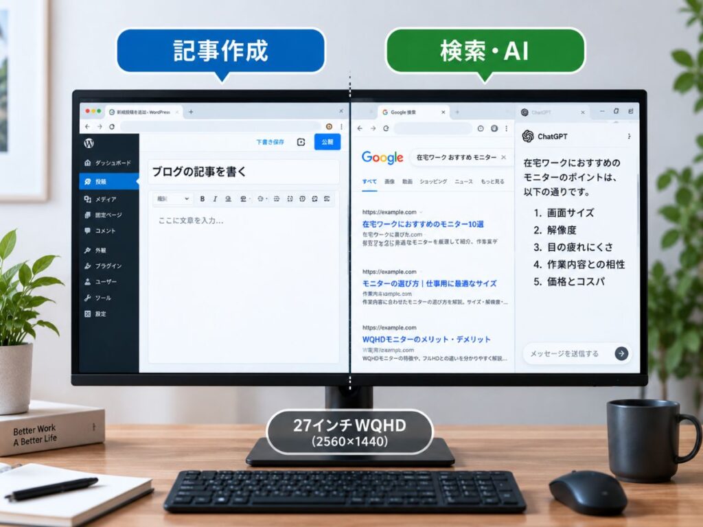 27インチWQHDモニターを記事作成と検索・AIで左右2分割して使う例