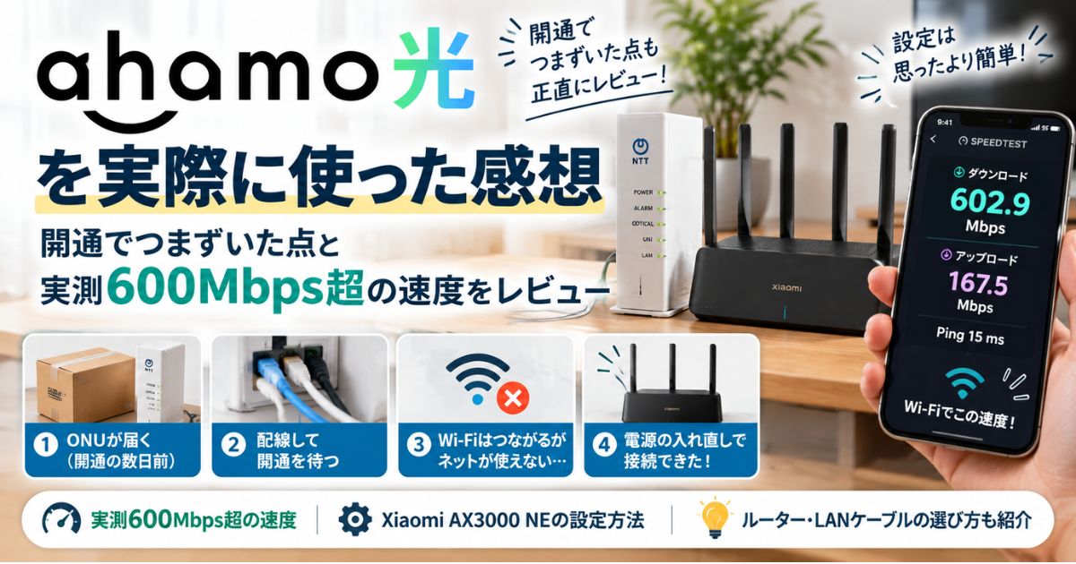 ahamo光1ギガを実際に使い、開通時のトラブルと実測600Mbps超の速度をレビューするイメージ
