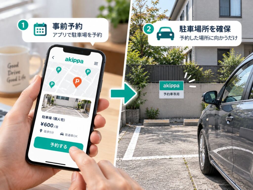 akippaで駐車場を事前予約して指定された駐車場所を確保する流れ