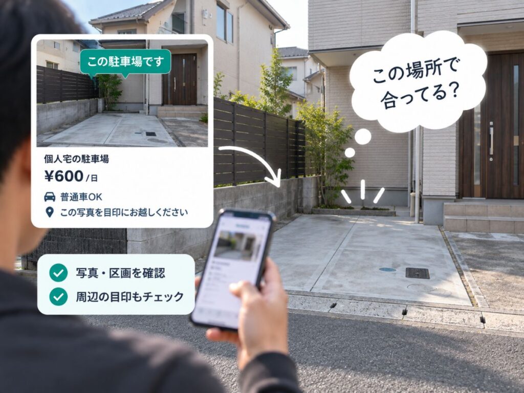 akippaで個人宅の駐車場写真と現地の場所を見比べて確認するイメージ