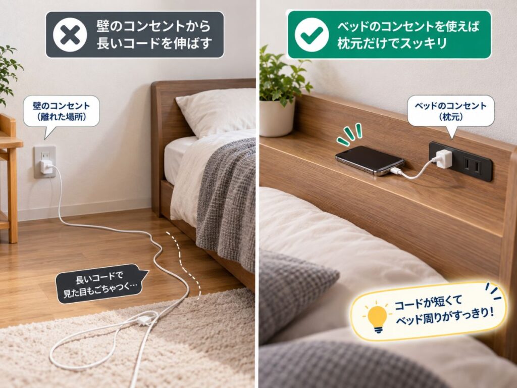 壁から長く伸ばした充電コードとベッドのコンセントを使った配線を比較したイメージ
