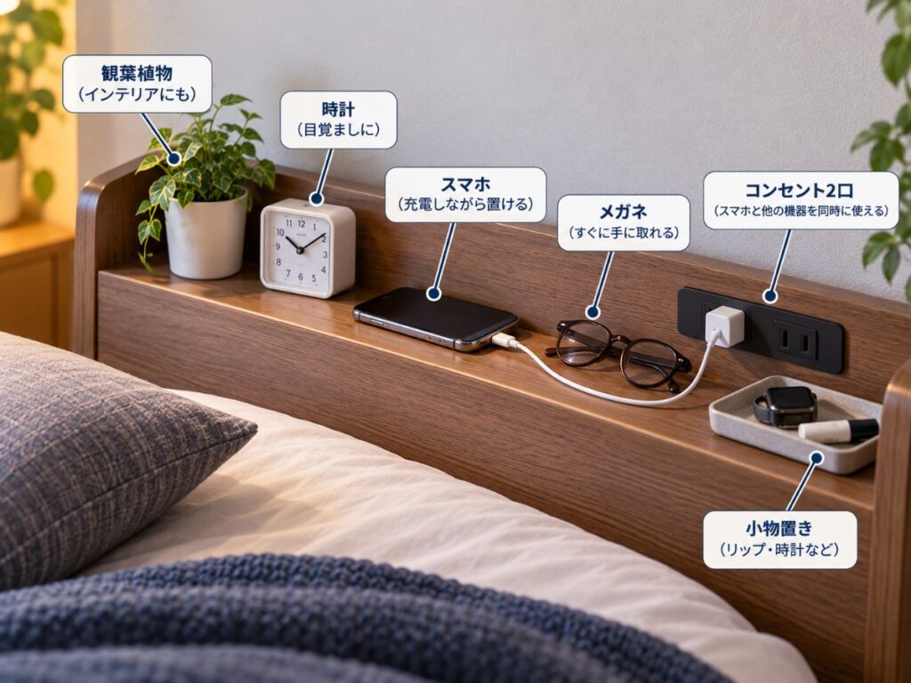 コンセント・スマートフォン・メガネなどを置けるベッドの宮棚イメージ