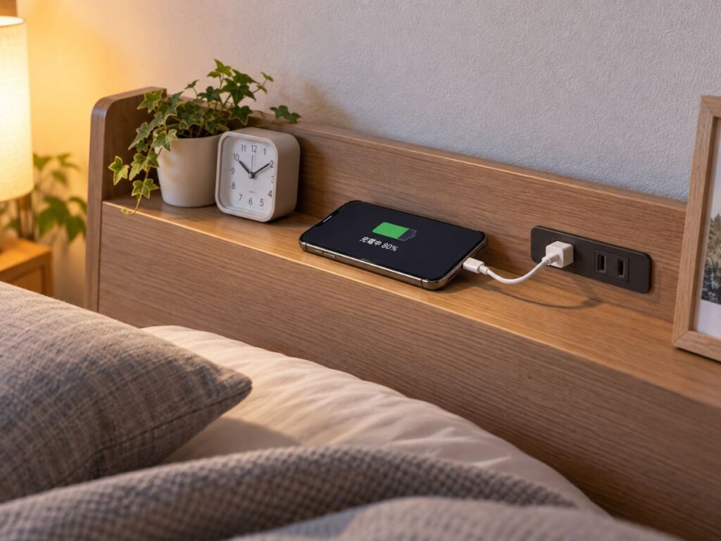 コンセント付きベッドの枕元でスマートフォンを充電するイメージ