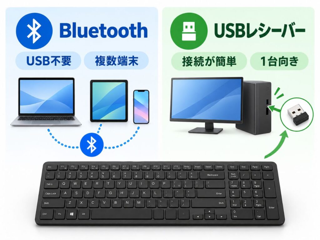 BluetoothとUSBレシーバー式キーボードの接続方法と向いている使い方の違い