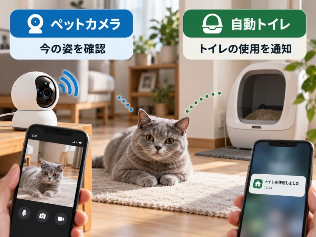 ペットカメラで猫の今の姿を確認し自動トイレで使用通知を受け取る組み合わせ
