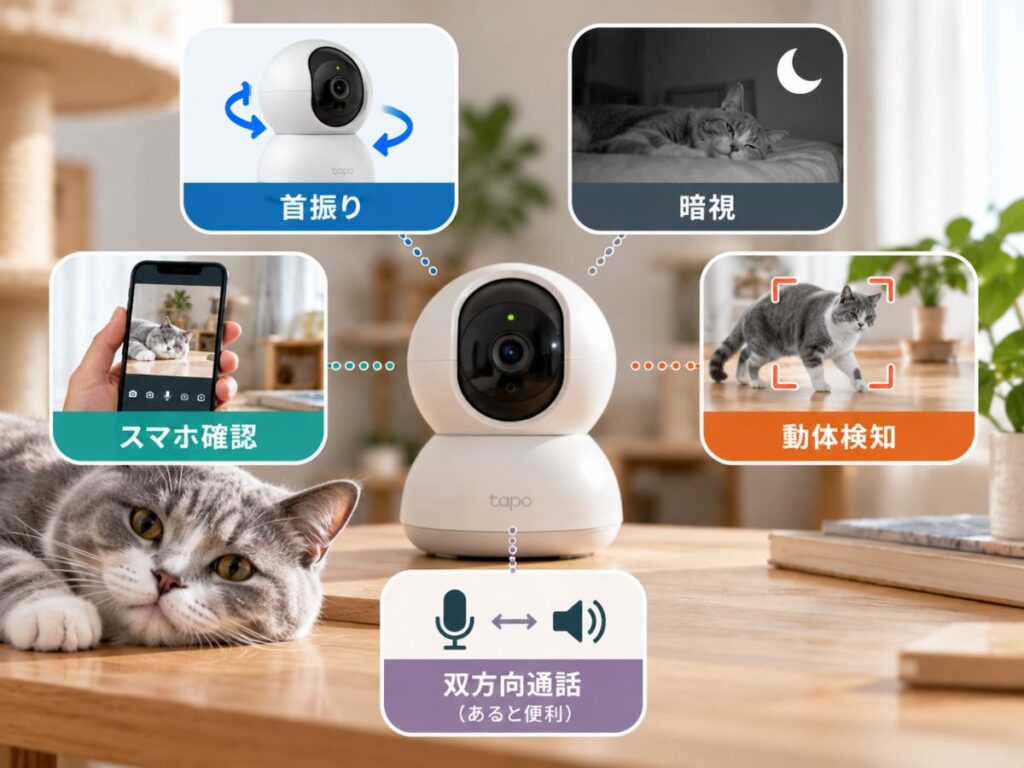 猫用ペットカメラで確認したい首振り・暗視・スマホ確認・動体検知・双方向通話の機能