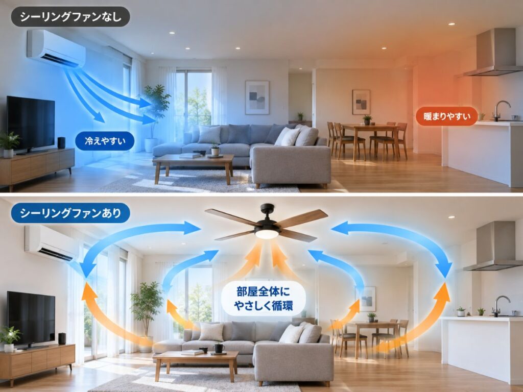 シーリングファンなしでは温度ムラが出やすく使用時は広いリビング全体へ空気が循環するイメージ