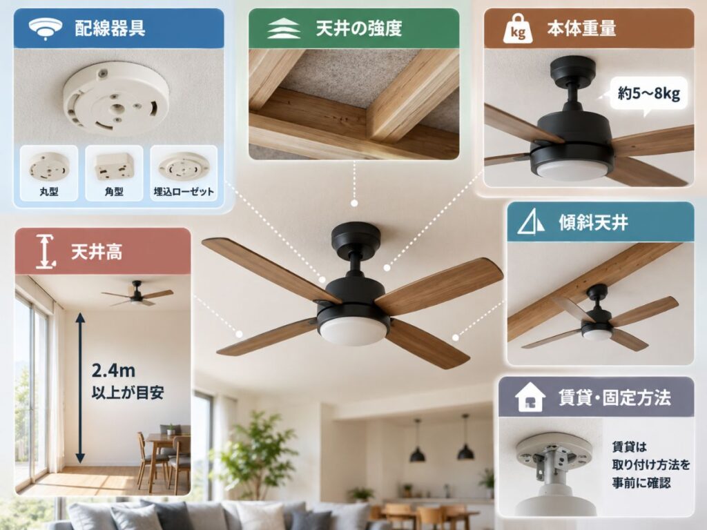 シーリングファン設置前に確認したい配線器具・天井強度・本体重量・天井高・傾斜天井・賃貸の固定方法