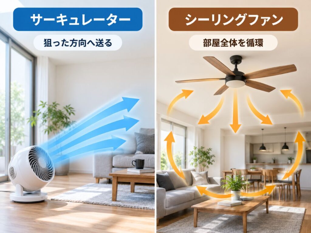 サーキュレーターは狙った方向へ送風しシーリングファンは部屋全体を循環させる違い
