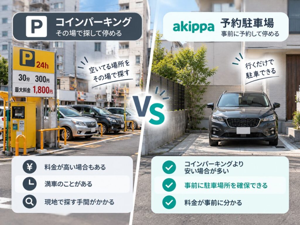 コインパーキングとakippaの予約駐車場を比較したイメージ