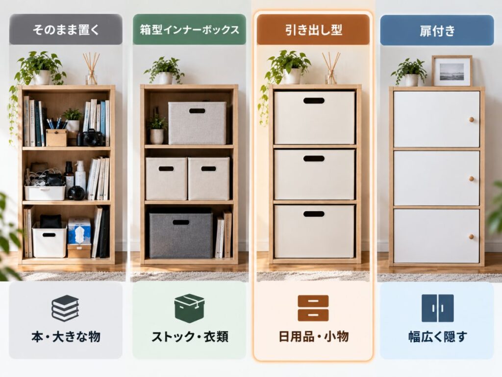 カラーボックスのそのまま収納・箱型インナーボックス・引き出し型・扉付きの比較