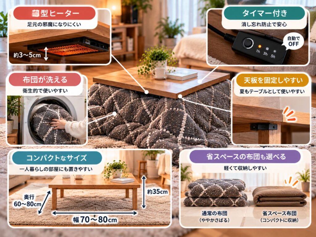 一人暮らし向けこたつの薄型ヒーター・タイマー・洗える布団・コンパクトサイズなどをまとめたイメージ
