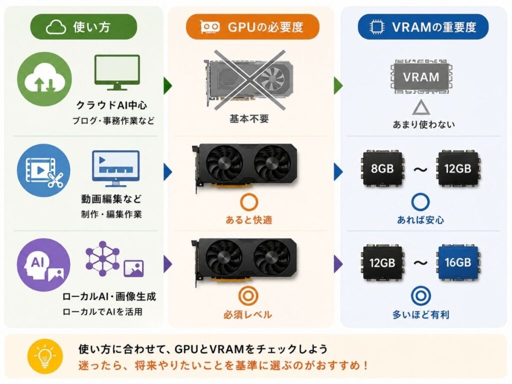 クラウドAI・動画編集・ローカルAIで必要なGPUとVRAMの違い