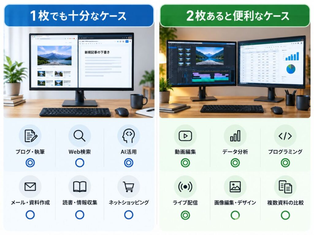 モニター1枚で十分な用途とデュアルモニターが便利な用途の比較
