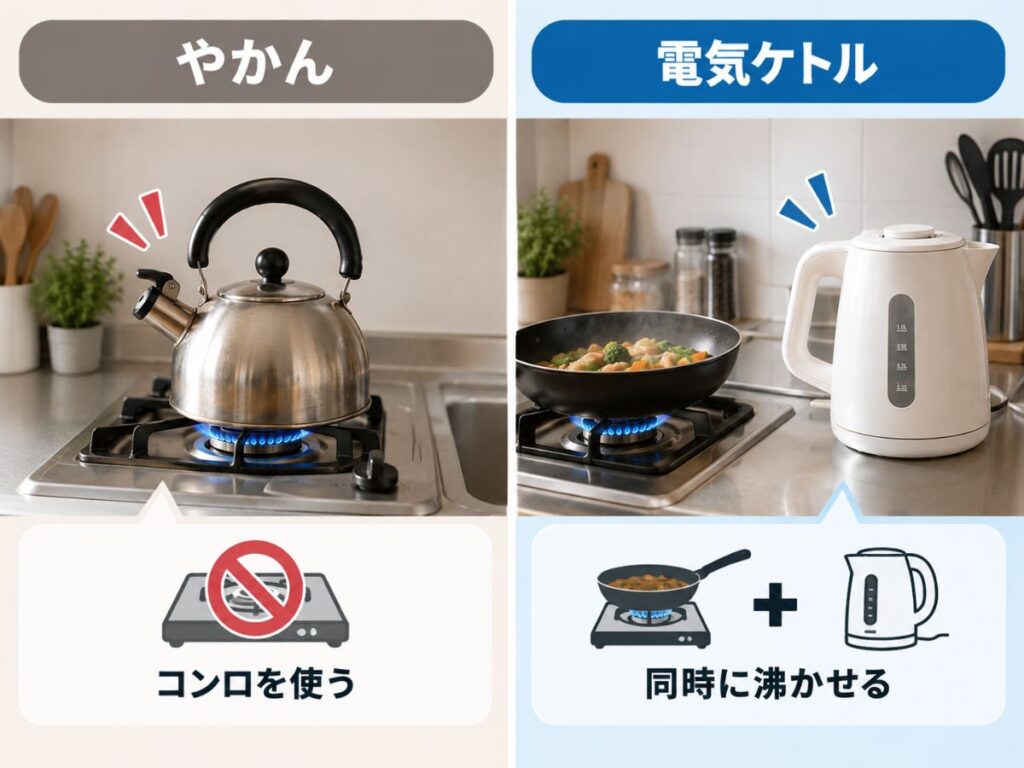 一口コンロでやかんはコンロを使い電気ケトルなら料理と同時にお湯を沸かせる比較