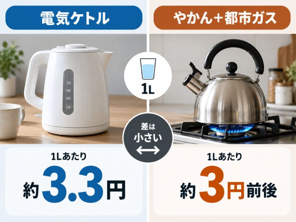 1Lのお湯を沸かす電気ケトル約3.3円とやかん・都市ガス約3円前後の比較