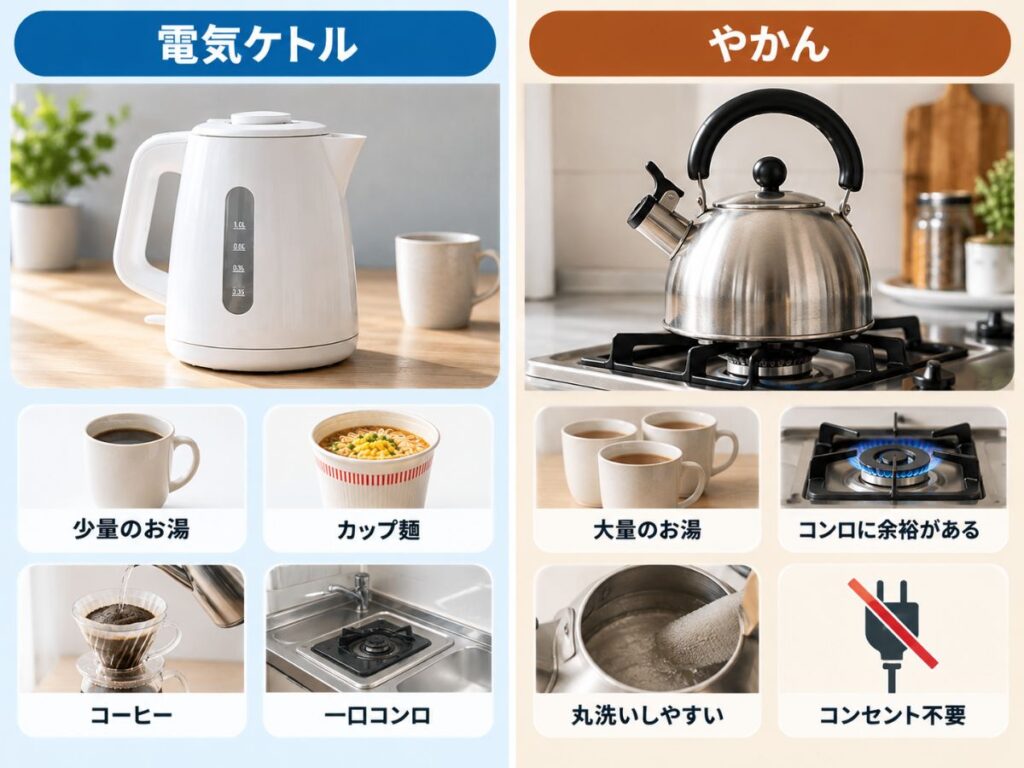 電気ケトルとやかんの少量・大量のお湯やカップ麺・コーヒーなど用途別比較