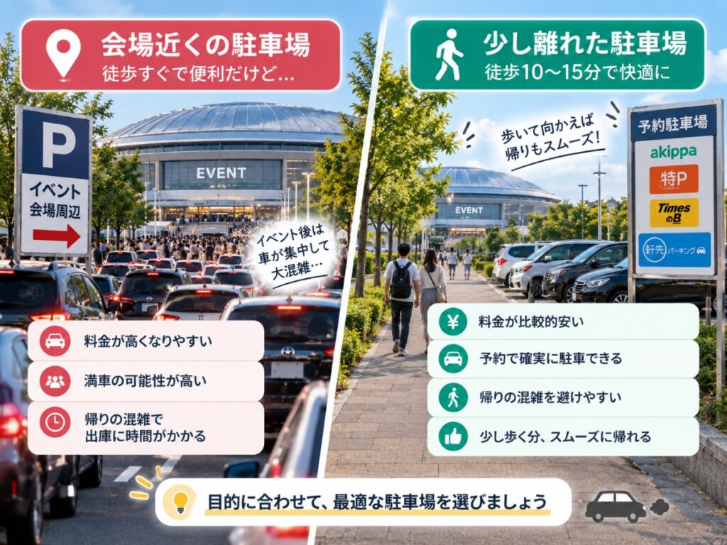 イベント会場近くの駐車場と少し離れた予約駐車場を比較したイメージ