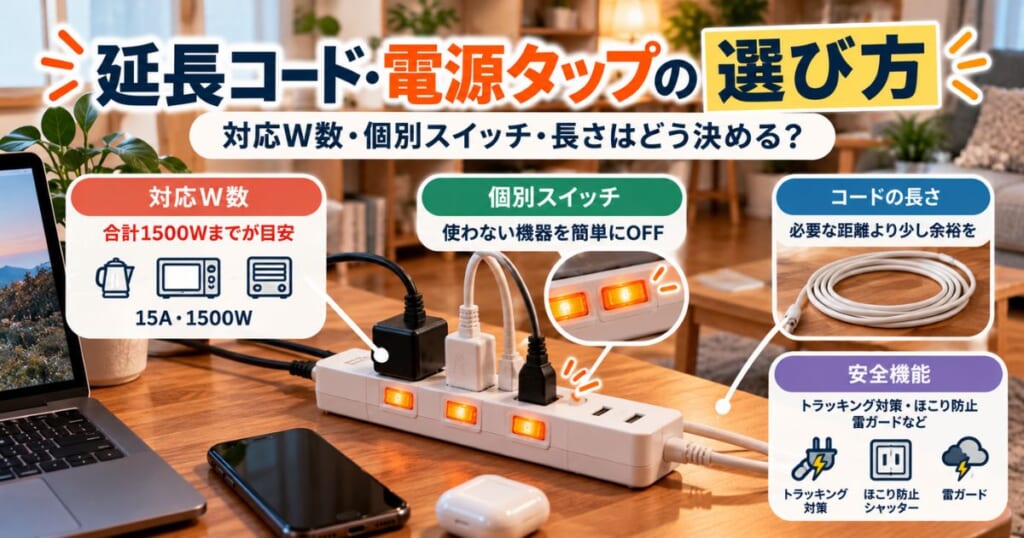 対応ワット数・個別スイッチ・コードの長さ・安全機能を確認して電源タップを選ぶイメージ