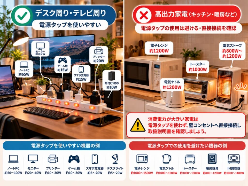 デスク周りの機器と高出力家電で延長コードの使い方を分けるイメージ