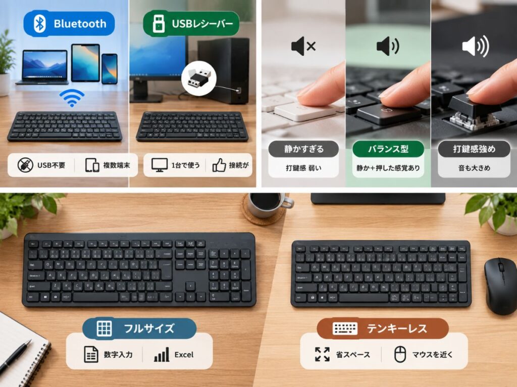 フルサイズキーボードとテンキーレスの数字入力・省スペース・マウス位置の違い