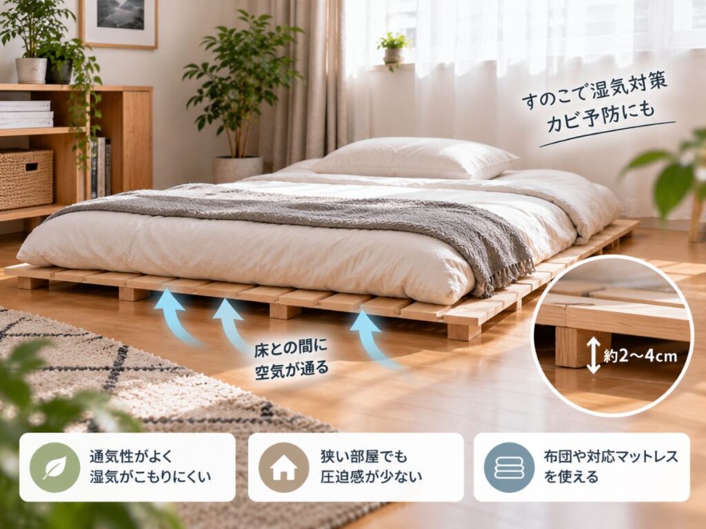 床に低床すのこを敷いて寝具の下に空気が通る状態のイメージ