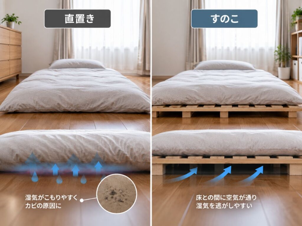 フローリングに布団を直置きした状態とすのこを敷いた状態の比較