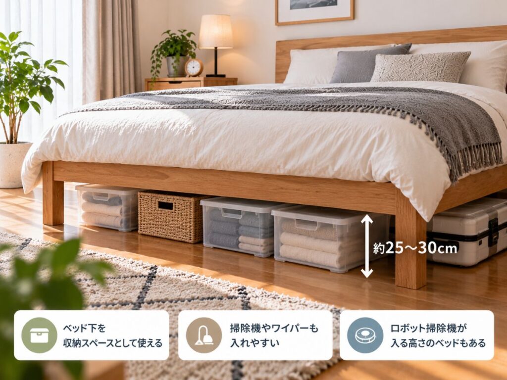 普通の高さのベッド下を収納スペースとして活用するイメージ
