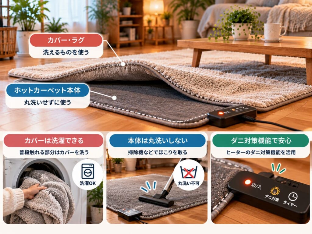 ホットカーペットに洗えるカバーを敷き、本体を掃除して手入れするイメージ
