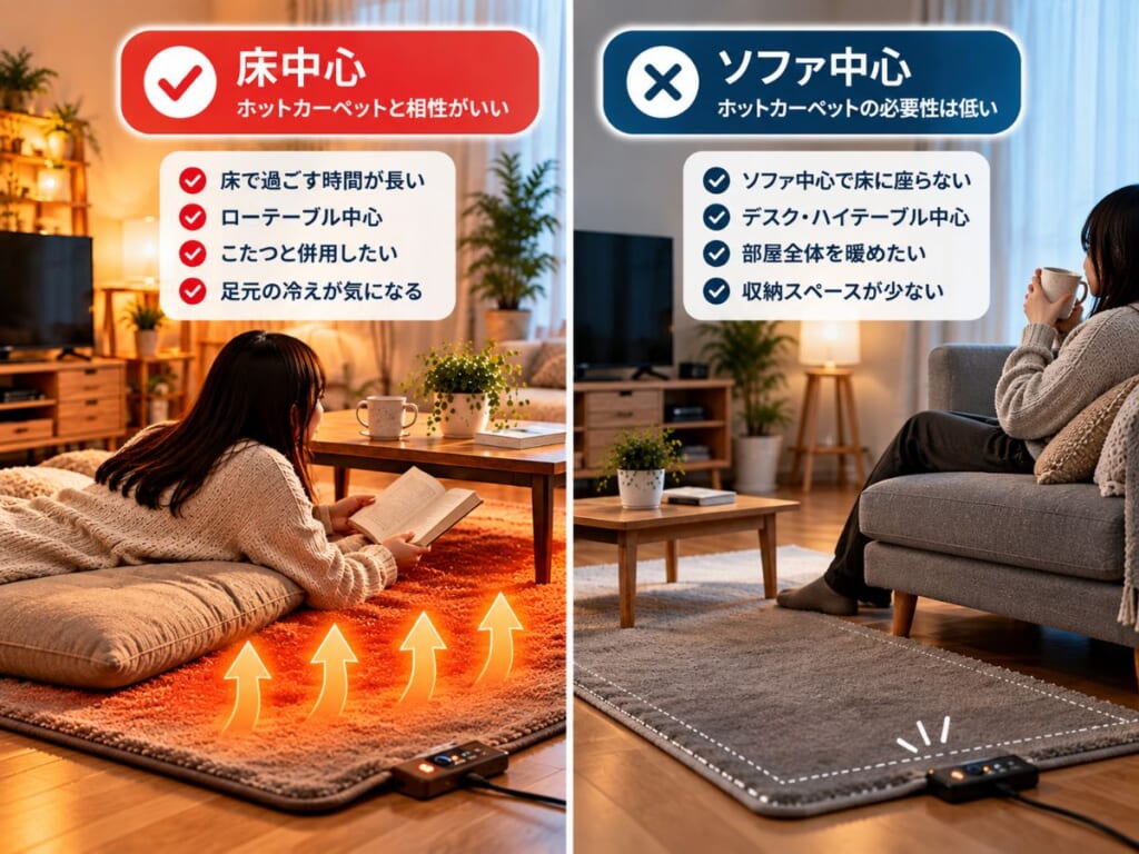 床中心とソファ中心の一人暮らしでホットカーペットの必要性を比較したイメージ