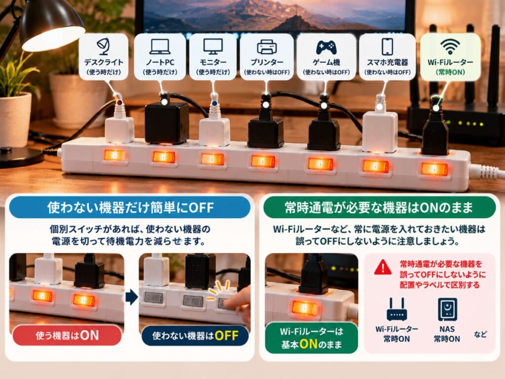 電源タップの個別スイッチで使わない機器だけ電源を切るイメージ