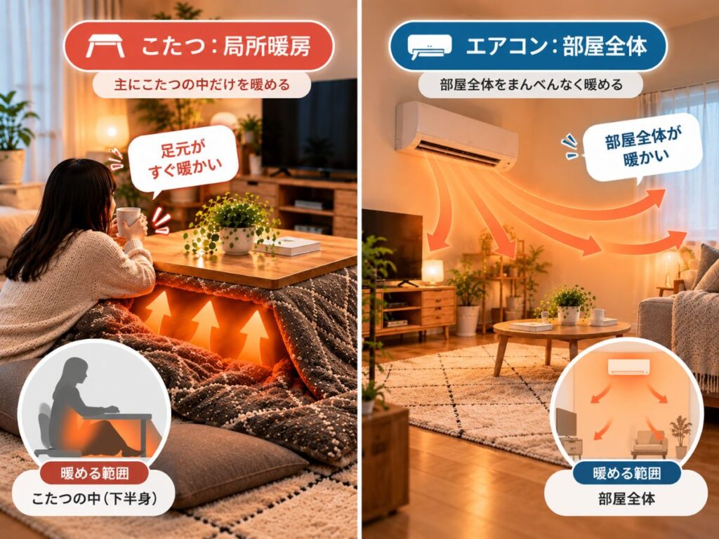 こたつの局所暖房とエアコンの部屋全体暖房を比較したイメージ